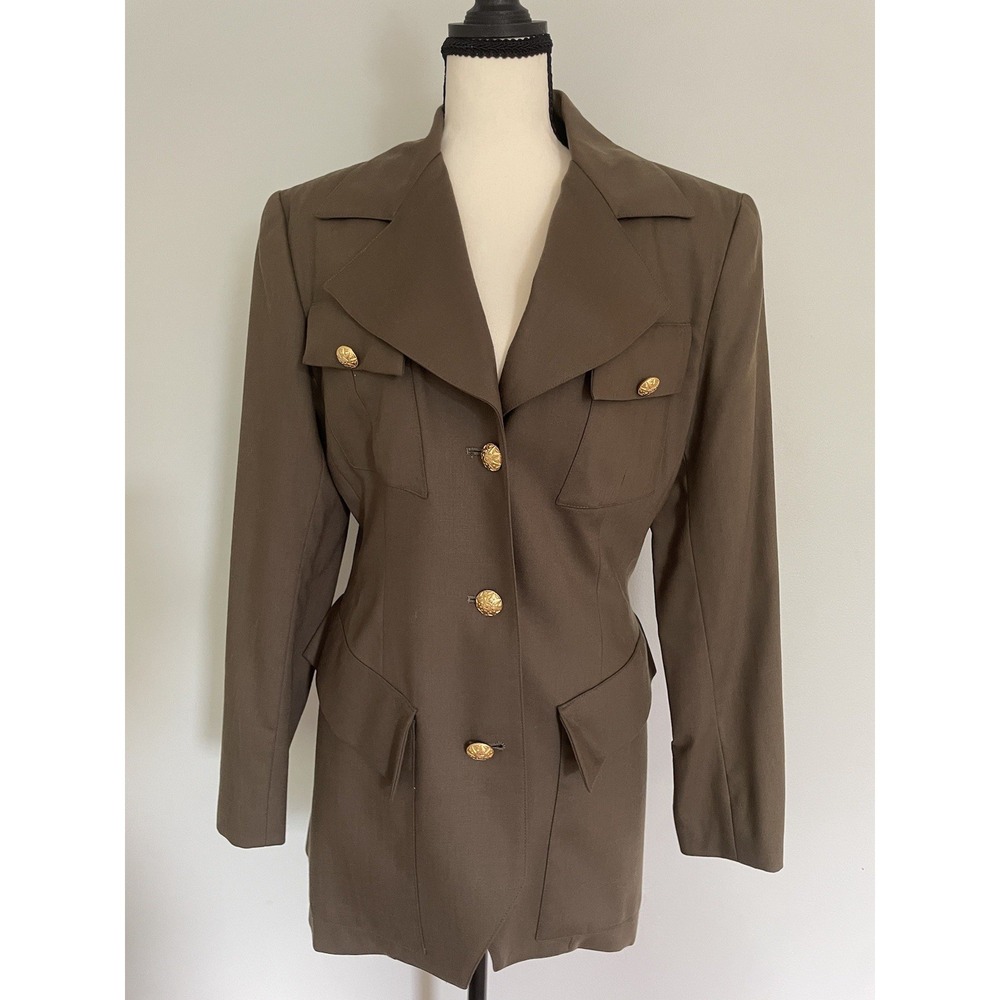 VTG Xerxes Wool Military Inspired Olive Drab Gold Button Blazer/Jacket. Size 8. - Picture 2 of 14